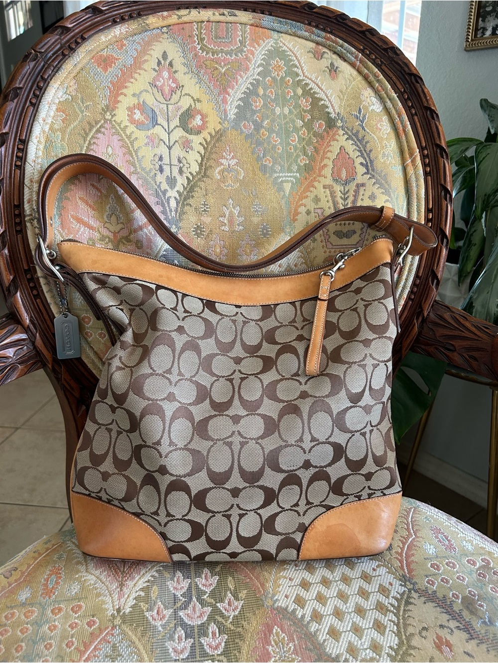 Y2K Coach Brown Signature Canvas Hobo Bag with Tan Leather Trim (2004) pristine